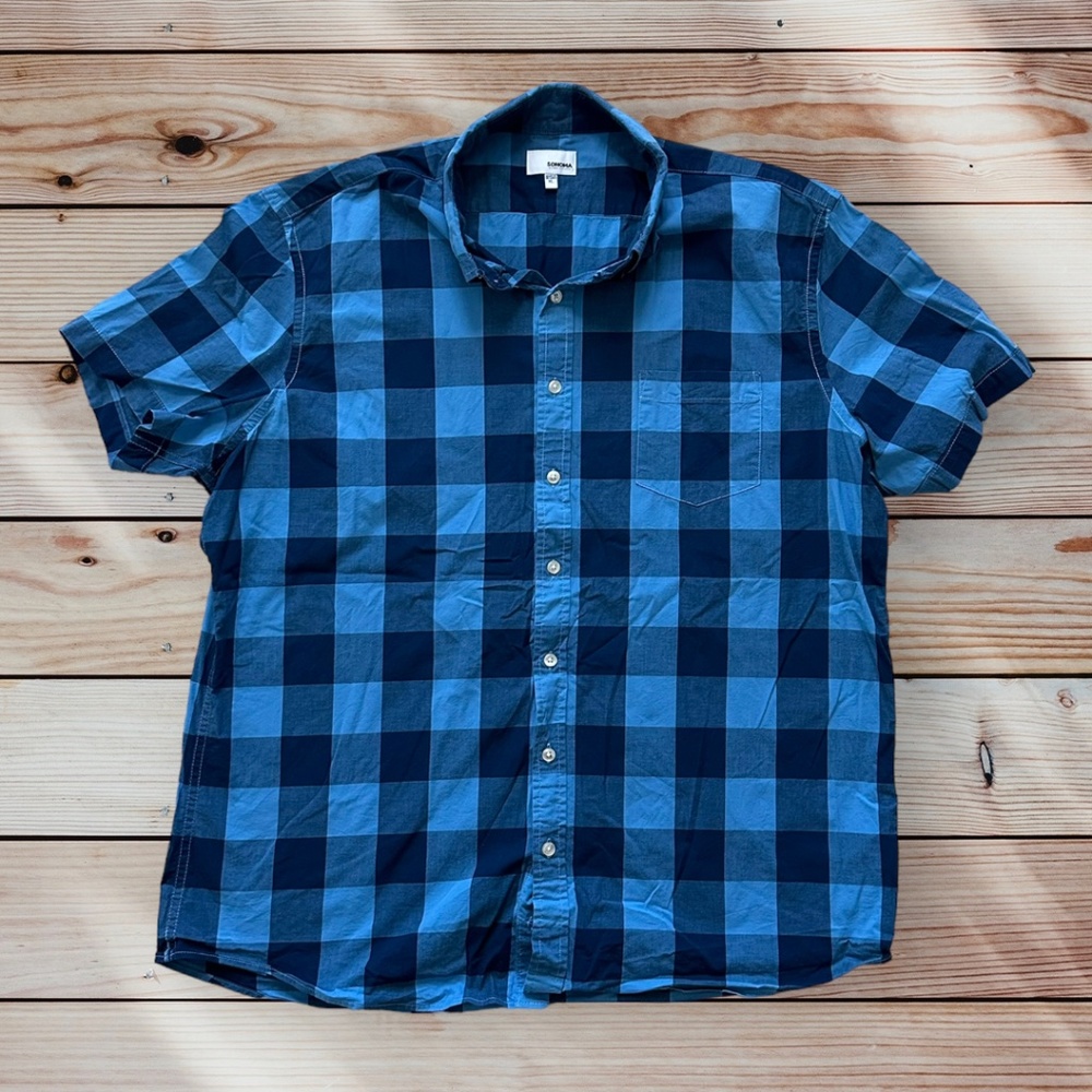 Men's Sonoma XL Short Sleeve Dark Blue/Light Blue Plaid Casual Button Down Shirt